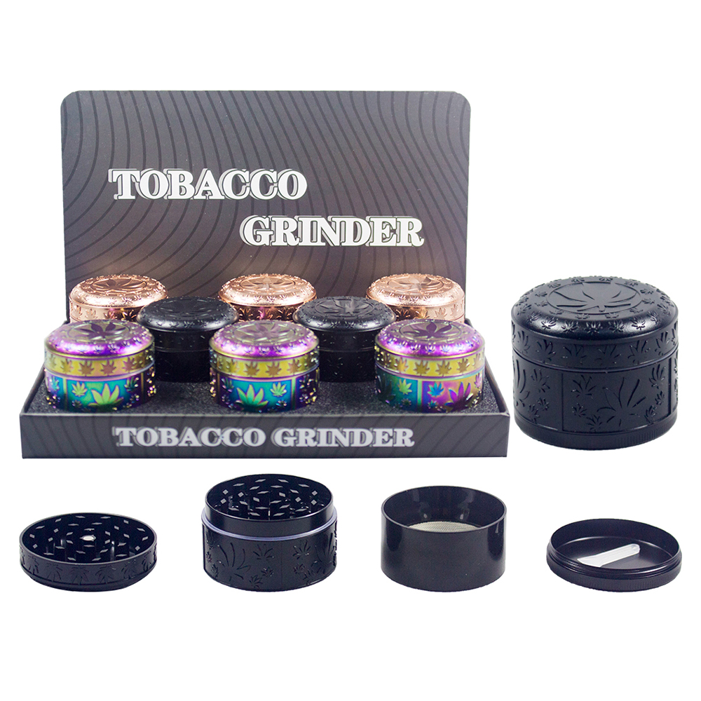 4 PART 52MM ZINC ALLOY GRINDER LEAF DESIGN - ASSORTED COLORS - 8CT