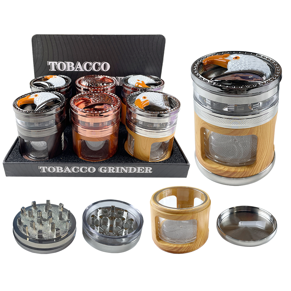 4 PART 52MM GRINDER WITH EAGLE ON TOP AND SIDE WINDOWS - ASSORTED COLOR - 6CT