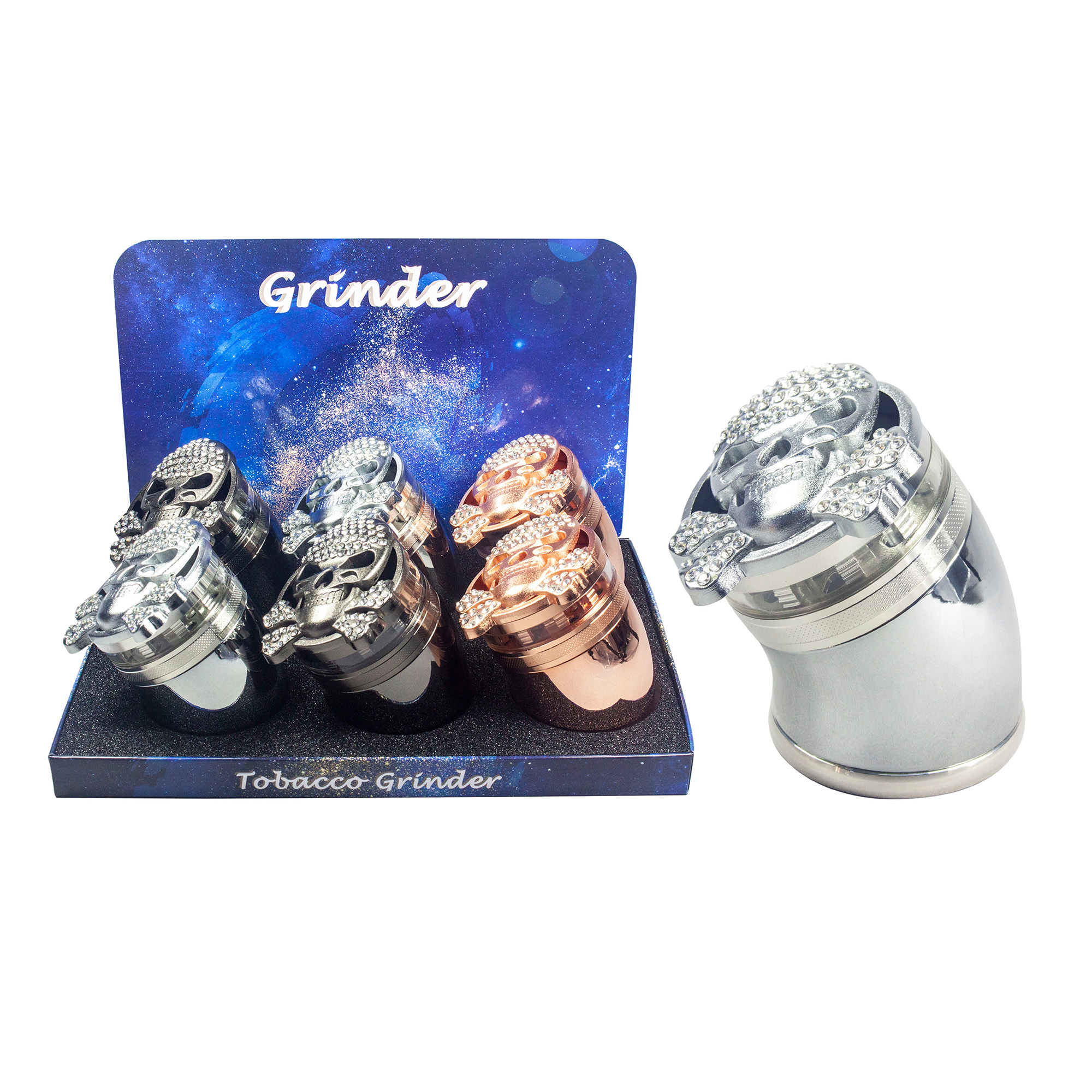 4 PART ZINC ALLOY TOBACCO GRINDER SKULL DESIGN WITH DIAMOND ON TOP - ASSORTED COLOR - 6CT