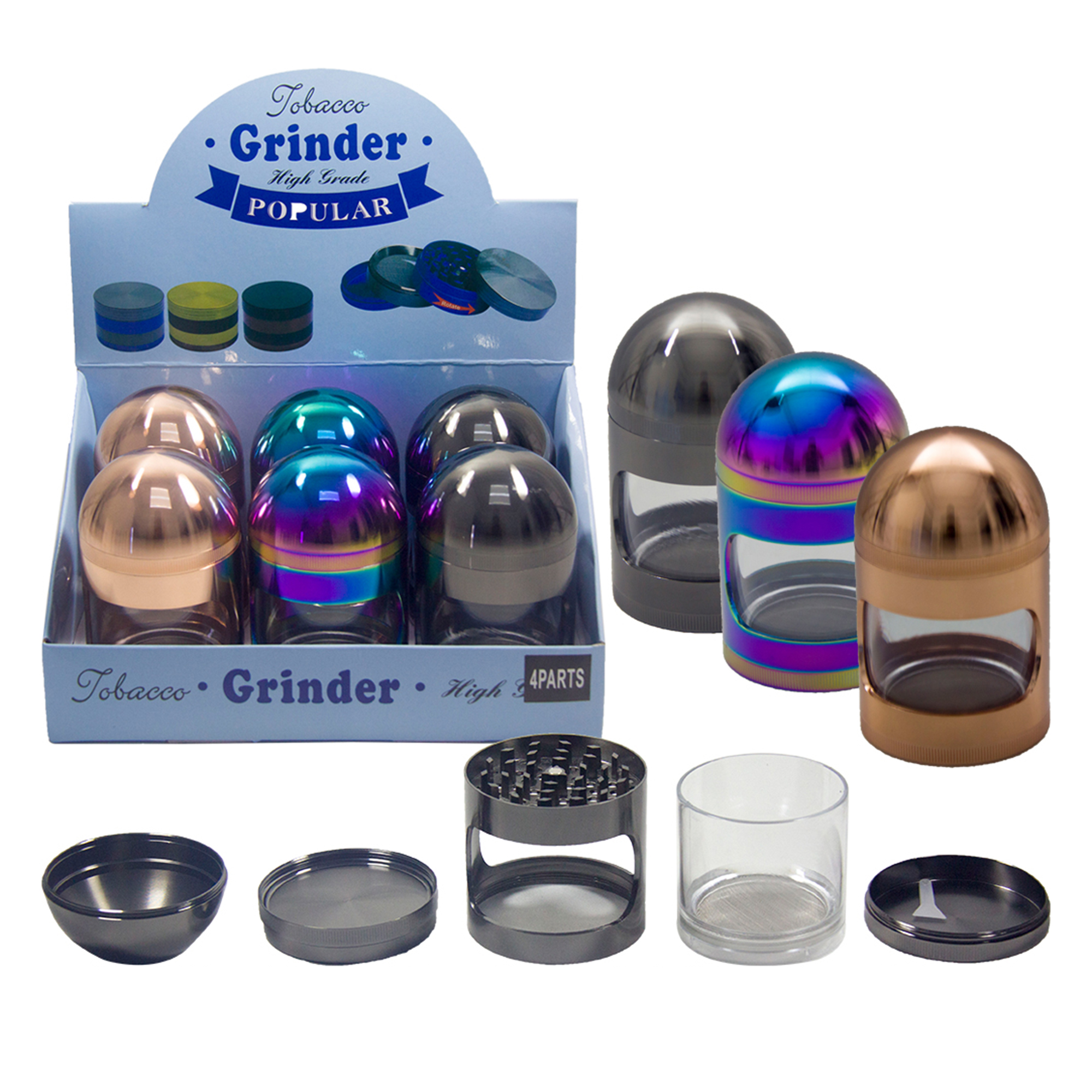 5 PART GRINDER DOME TOP WITH INSIDE SPACE AND SEE THROUGH WINDOW - 6CT