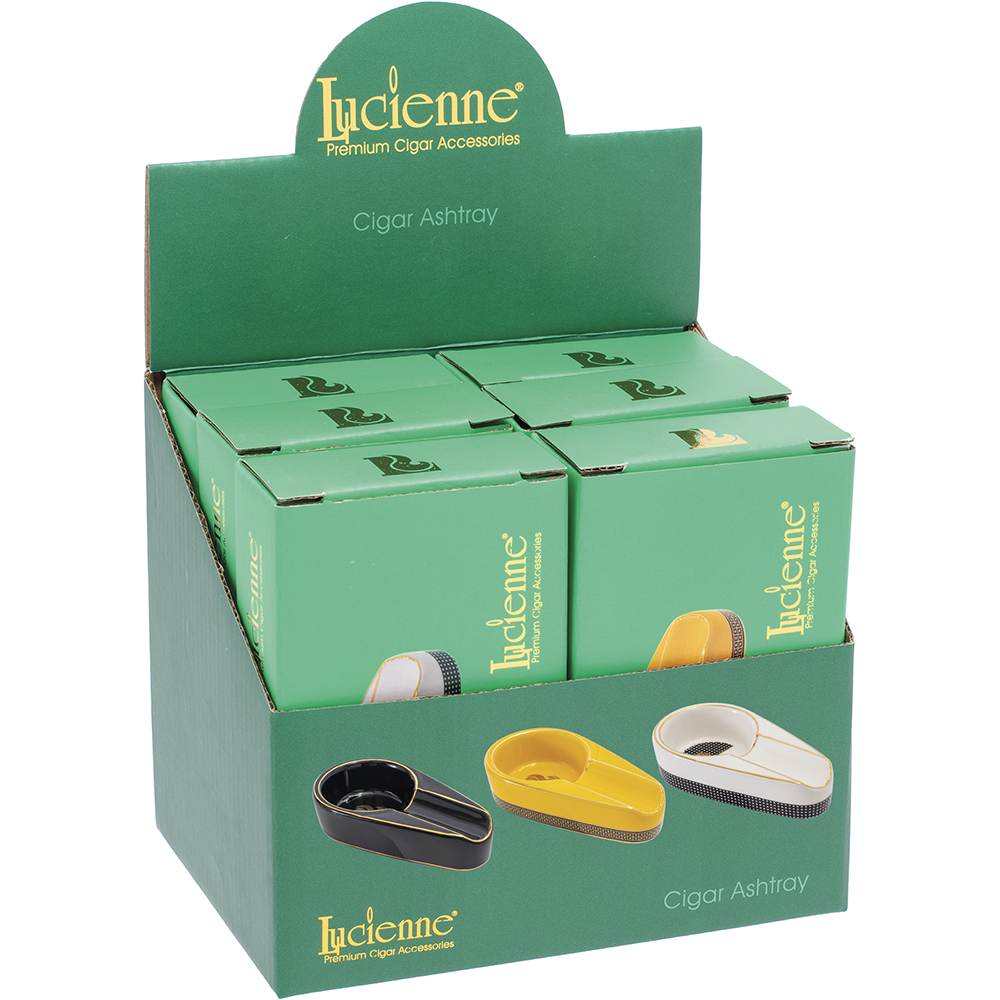 LUCIENNE 4.8IN CERAMIC CIGAR ASHTRAY - YELLOW, WHITE & BLACK - DISPLAY OF 6