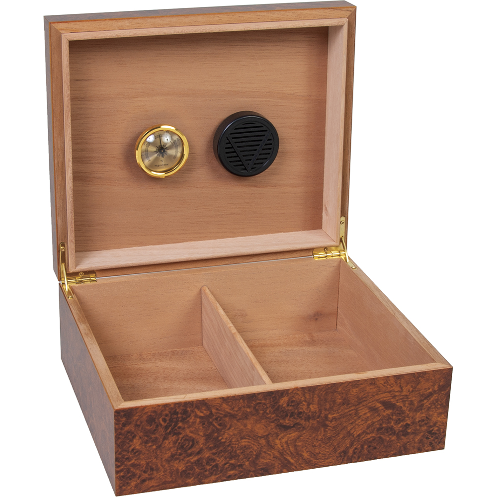 HUMIDOR IN BURL VENEER MATTE (HOLDS 25 CIGARS)