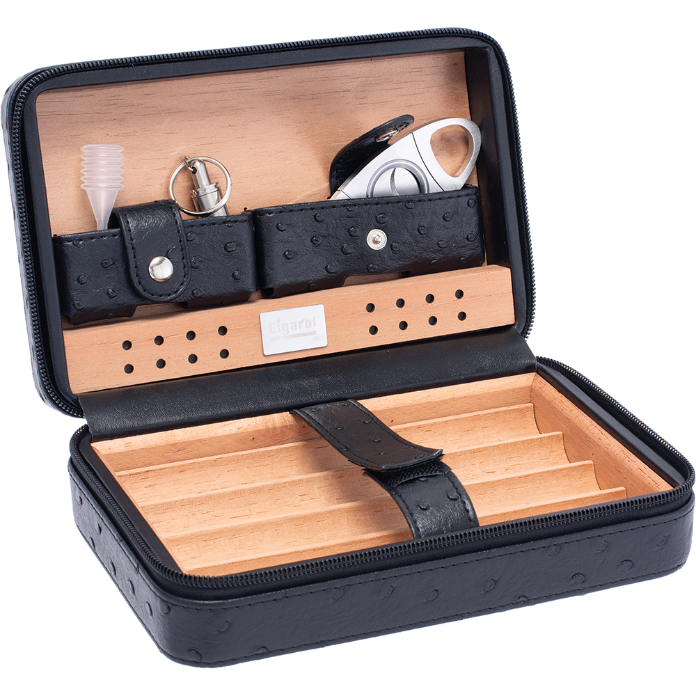 8" BLACK VEGAN LEATHER CIGAR CEDAR BOX (HOLDS 4 CIGARS)