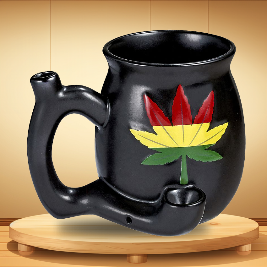 EMBOSSED LEAF MUG MATT BLACK WITH RASTA COLORS