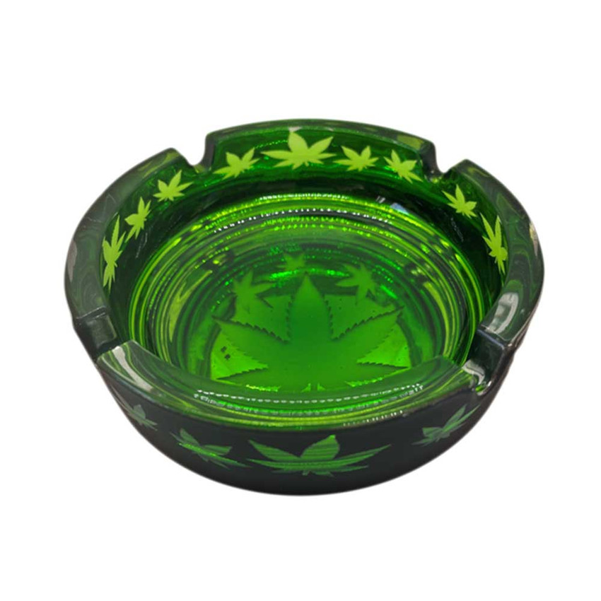 GREEN MARIJUANA LEAVES NOVELTY GLASS ASHTRAY 4.25" - DISPLAY OF 3