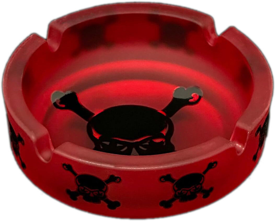 FROSTED RED BLACK SKULL GLASS ASHTRAY 4.25" - DISPLAY OF 3
