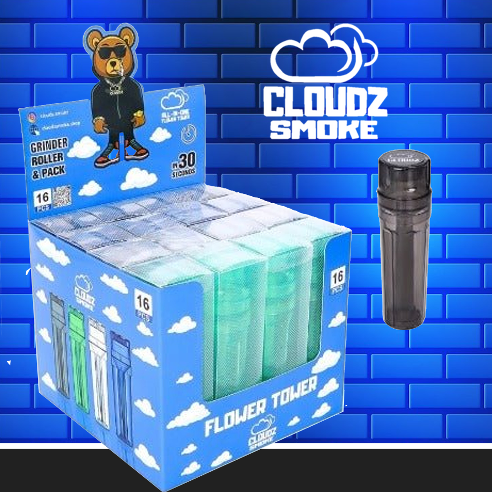 CLOUDZ SMOKE FLOWER TOWER GRINDER ROLLER & PACK - DISPLAY OF 16