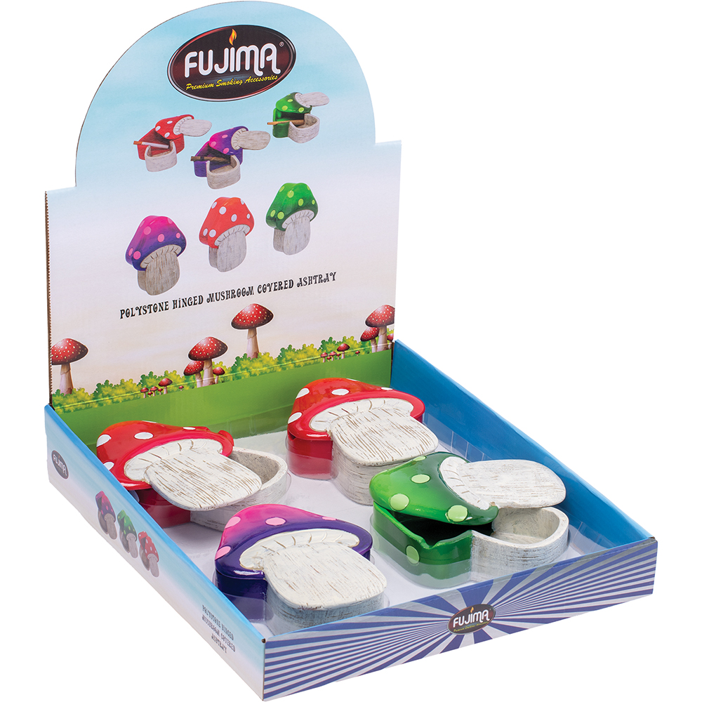POLYSTONE HINGED MUSHROOM COVERED ASHTRAY - DISPLAY OF 4