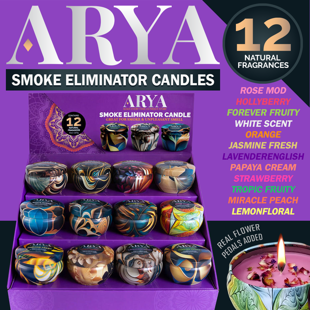 ARYA SMOKE ELIMINATOR CANDLE 8oz - DISPLAY OF 12