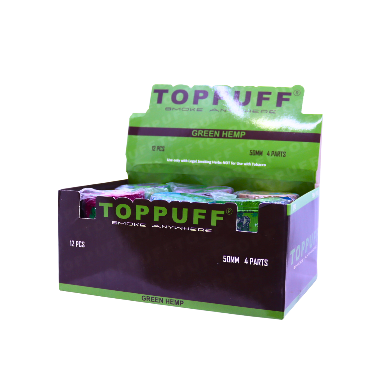 TOP PUFF GRINDER 50MM 4 PART GRINDER - DISPLAY OF 12