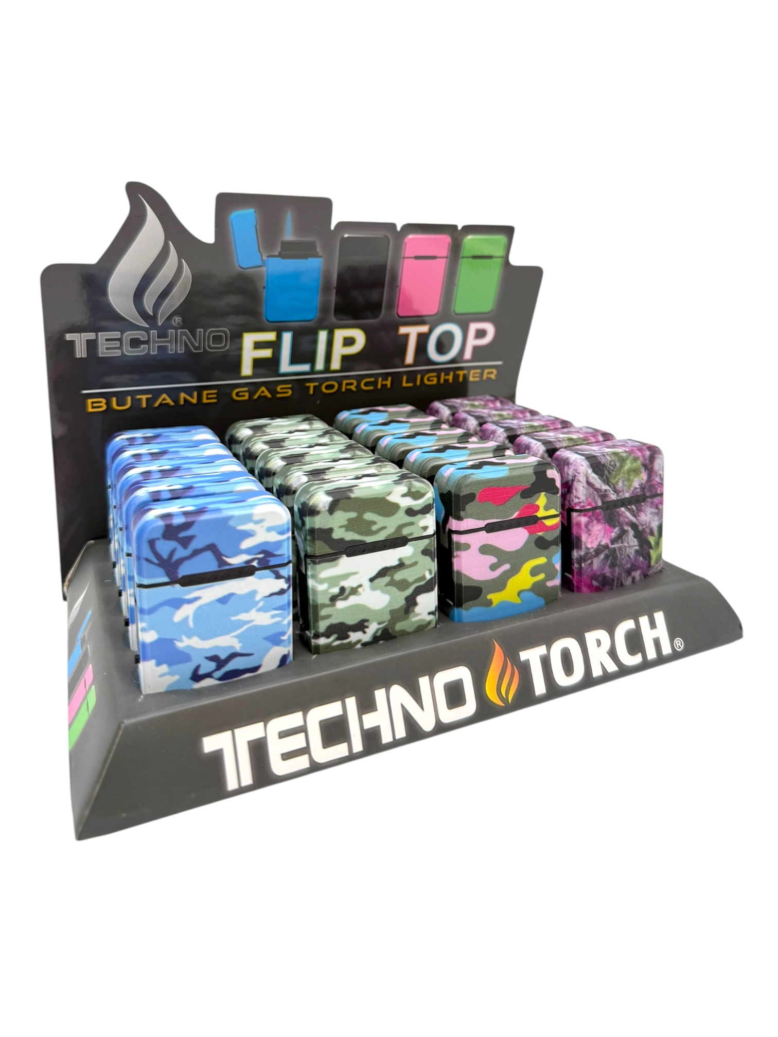 TECHNO TORCH FLIP TOP LIGHTER CAMO - DISPLAY OF 20