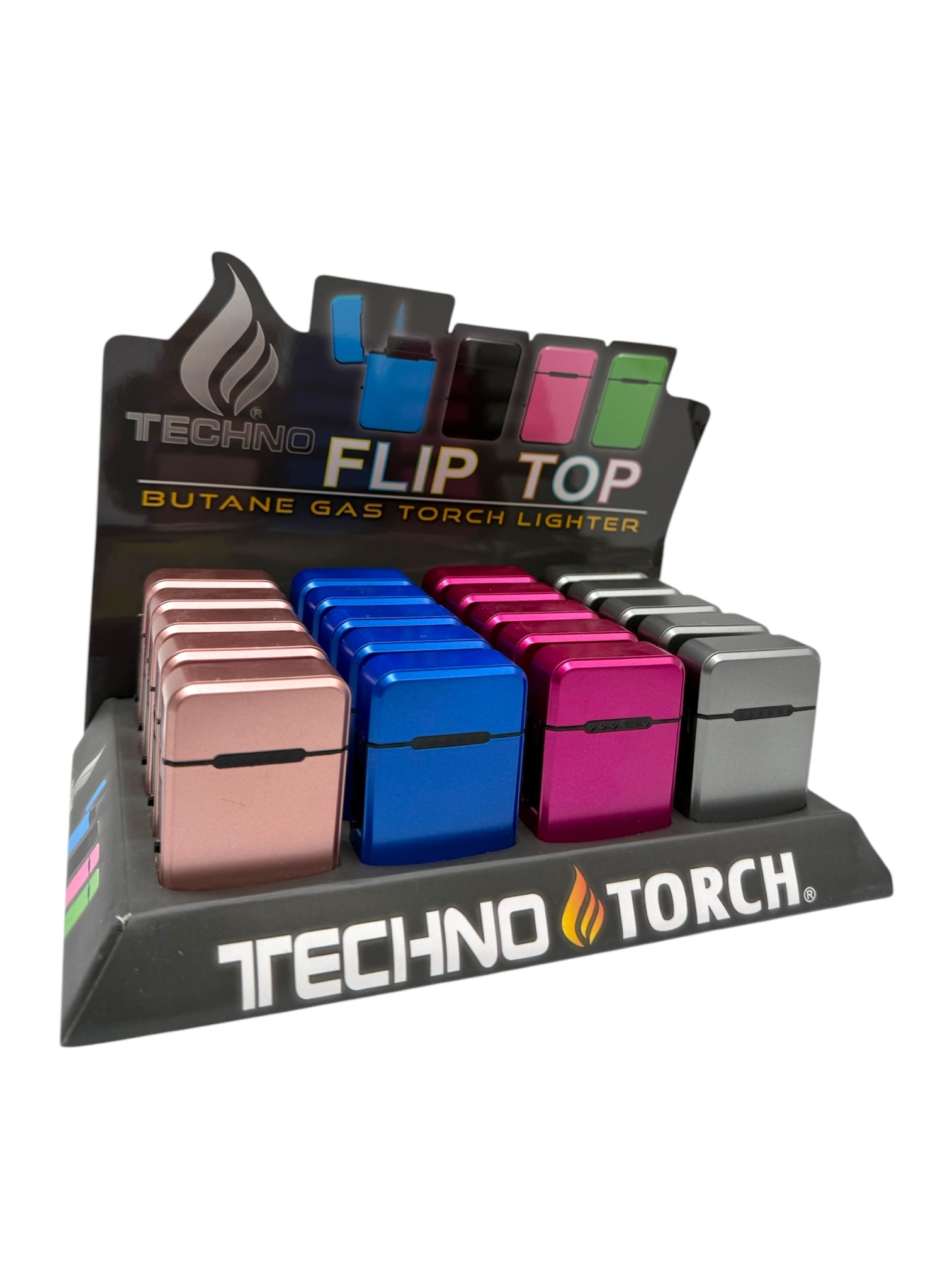 TECHNO TORCH FLIP TOP LIGHTER METALIC COLORS - DISPLAY OF 20