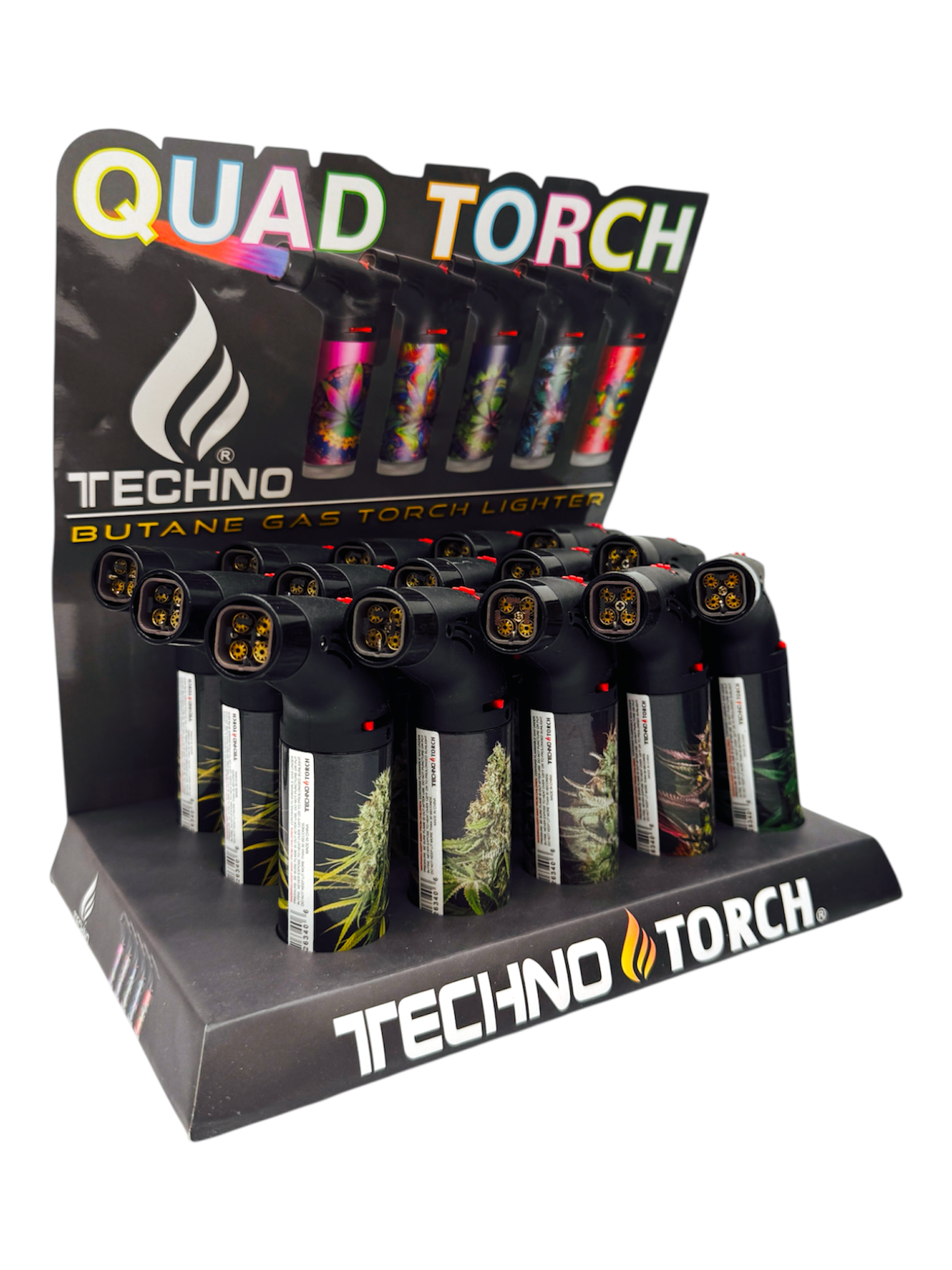 TECHNO QUAD TORCH GAS GUN LIGHTER FLOWER DESIGN - DISPLAY OF 15