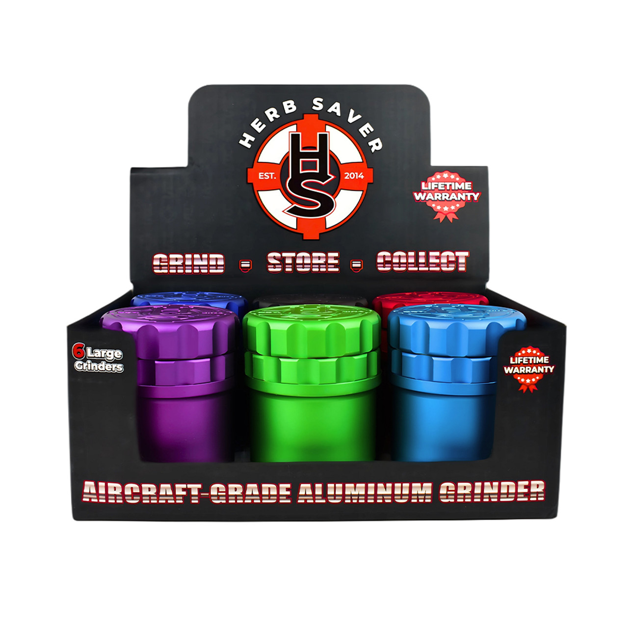 HERB SAVER LARGE ALUMINUM JAR GRINDERS - DISPLAY OF 6