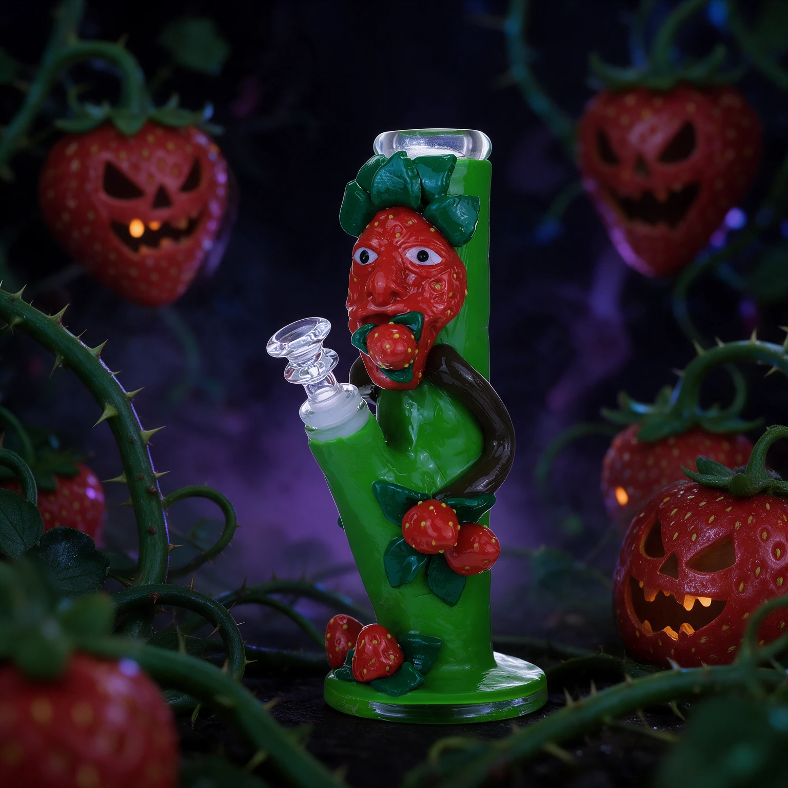GLOW IN THE DARK STRAWBERRY MONSTER HEAVY STRAIGHT WATERPIPE 9"