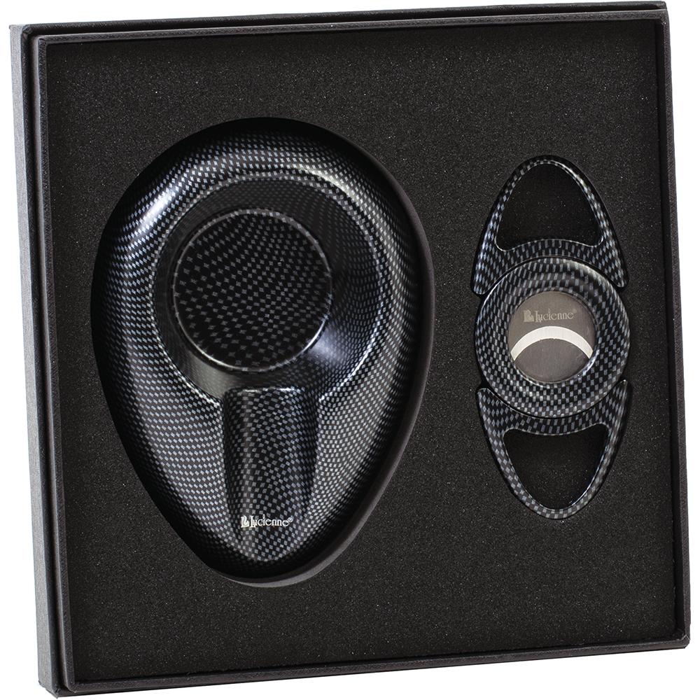 LUCIENNE BLACK CARBON FIBER DESIGN CIGAR CUTTER & ASHTRAY SET