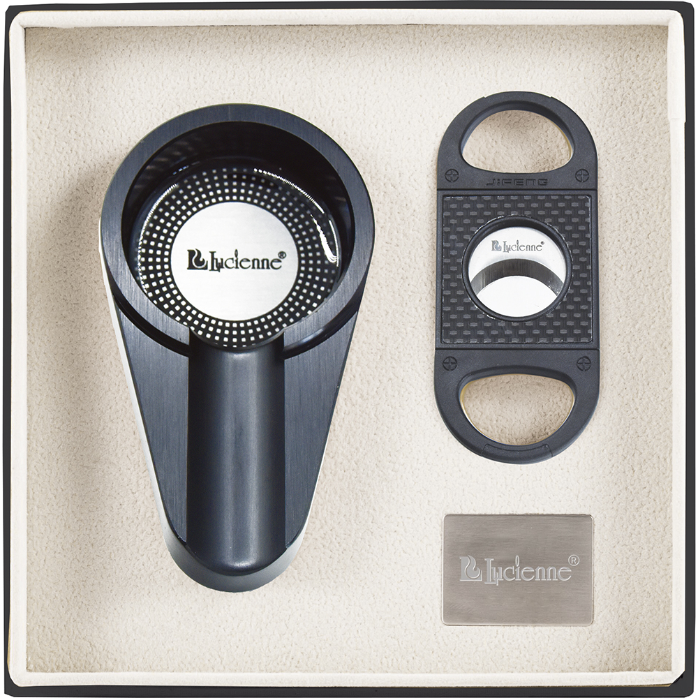 LUCIENNE BLACK METALLIC CIGAR CUTTER & ASHTRAY SET
