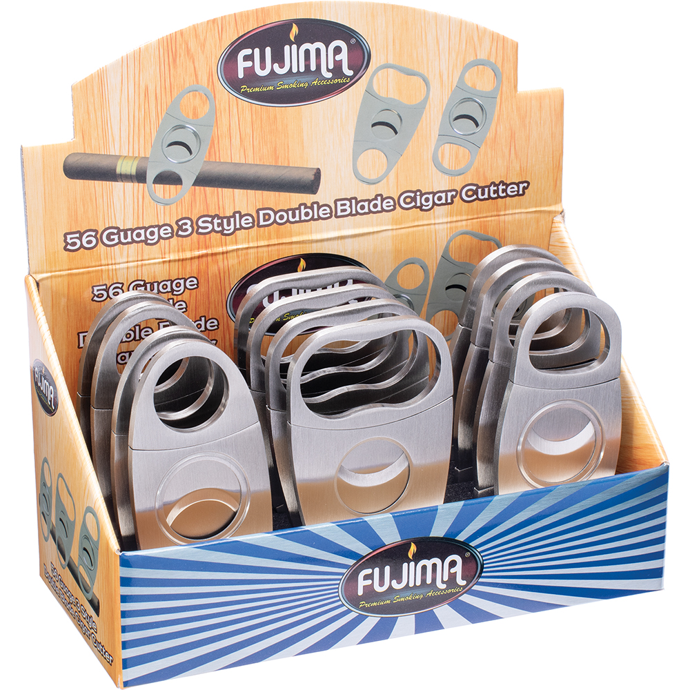 FUJIMA 3 STYLE STAINLESS STEEL CIGAR CUTTER (56 GAUGE) - DISPLAY OF 12