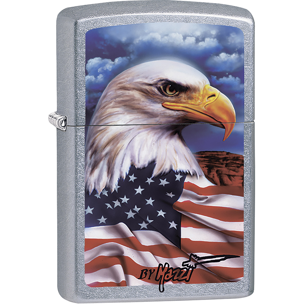 ZIPPO MAZZI EAGLE WITH U.S. FLAG ON STREET CHROME BASE LIGHTER