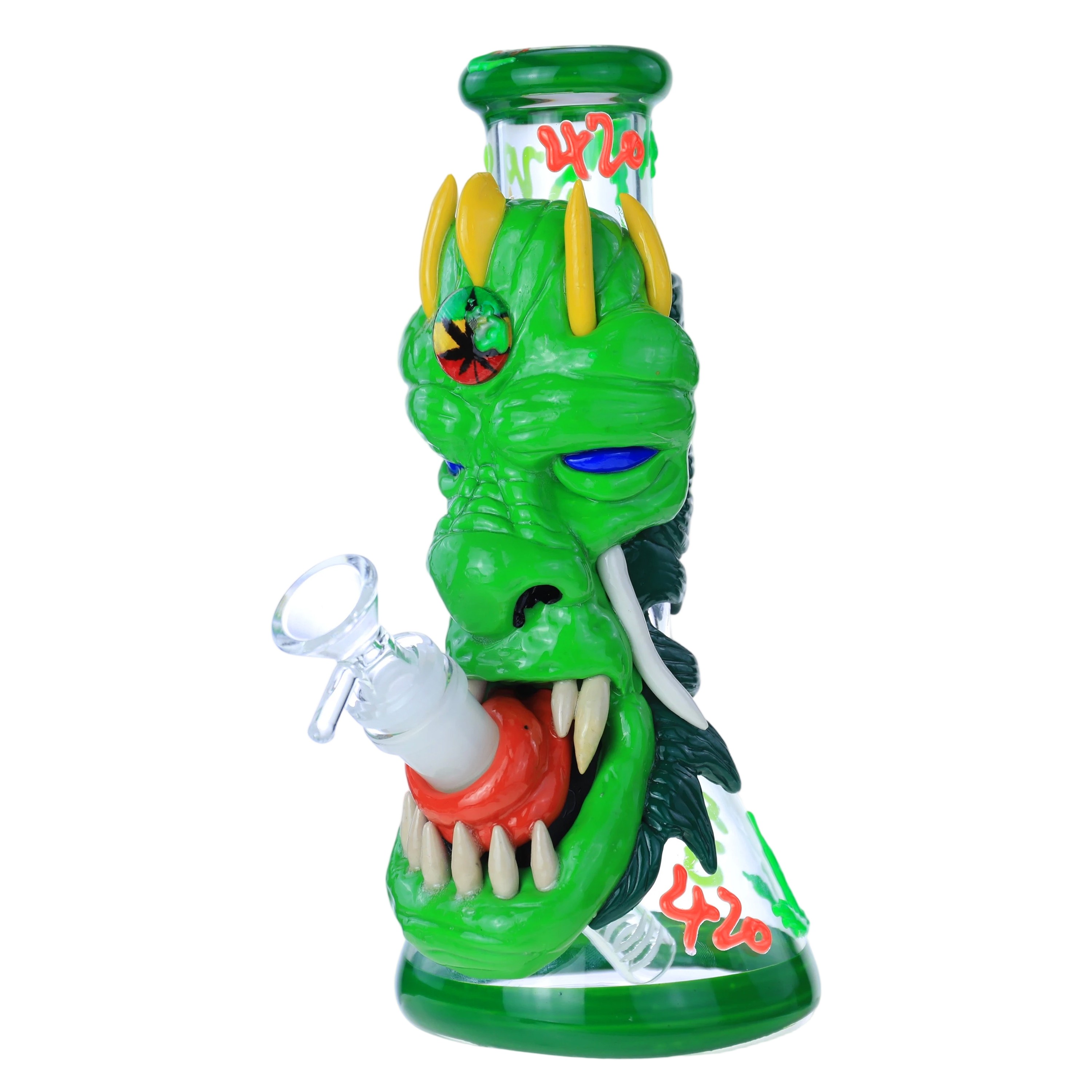 420 MONSTER HANDCRAFTED GLOW IN THE DARK GLASS WATERPIPE 10"