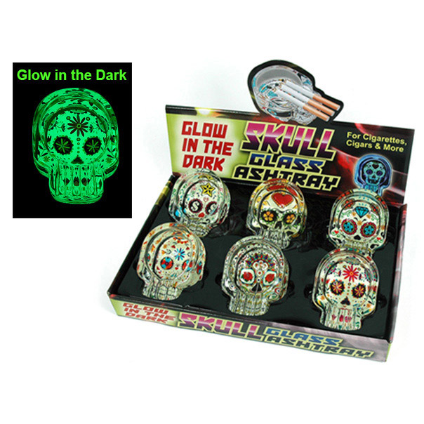 GLOW ING THE DARK SKULL DESIGN GLASS ASHTRAY - DISPLAY OF 6