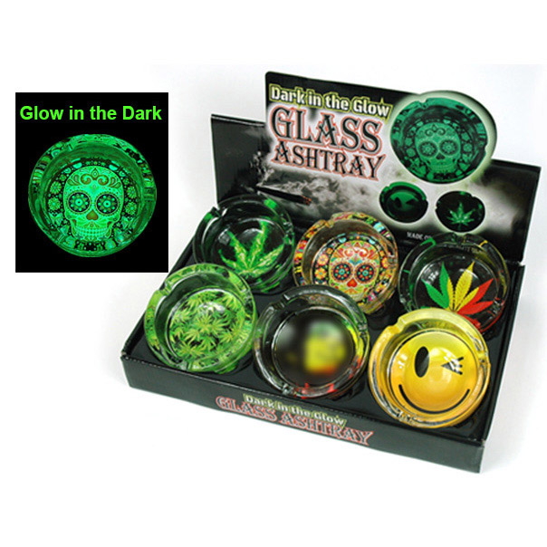 GLOW ING THE DARK ROUND SMALL GLASS ASHTRAY - DISPLAY OF 6