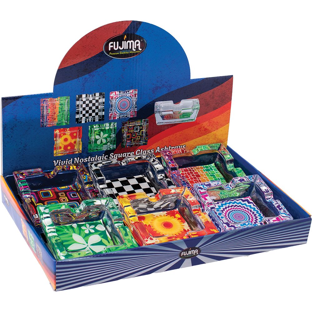 VIVID NOSTALGIC SQUARE GLASS ASHTRAYS - DISPLAY OF 6