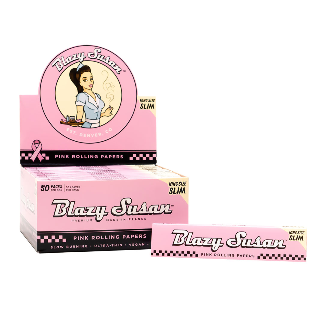 BLAZY SUSAN KING SIZE SLIM PINK ROLLING PAPERS - DISPLAY OF 50