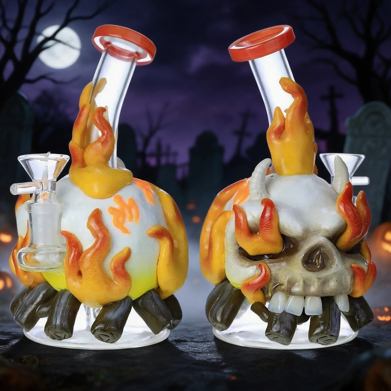 HEAVY GLOW IN THE DARK ON FIRE SKULL GLASS WATERPIPE 7"