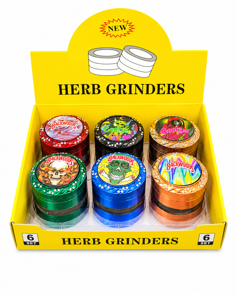 BACKWOODS SPIN TOP METAL 63MM 4-PARTS GRINDER (OVC046) - DISPLAY OF 6