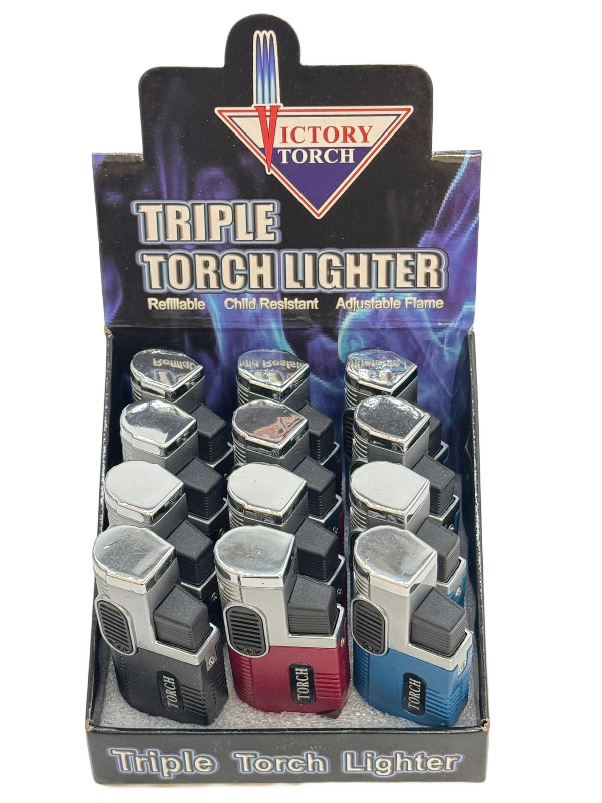 VICTORY TRIPLE FLAME SOLID COLORS TORCH - DISPLAY OF 12 (J9490-T)