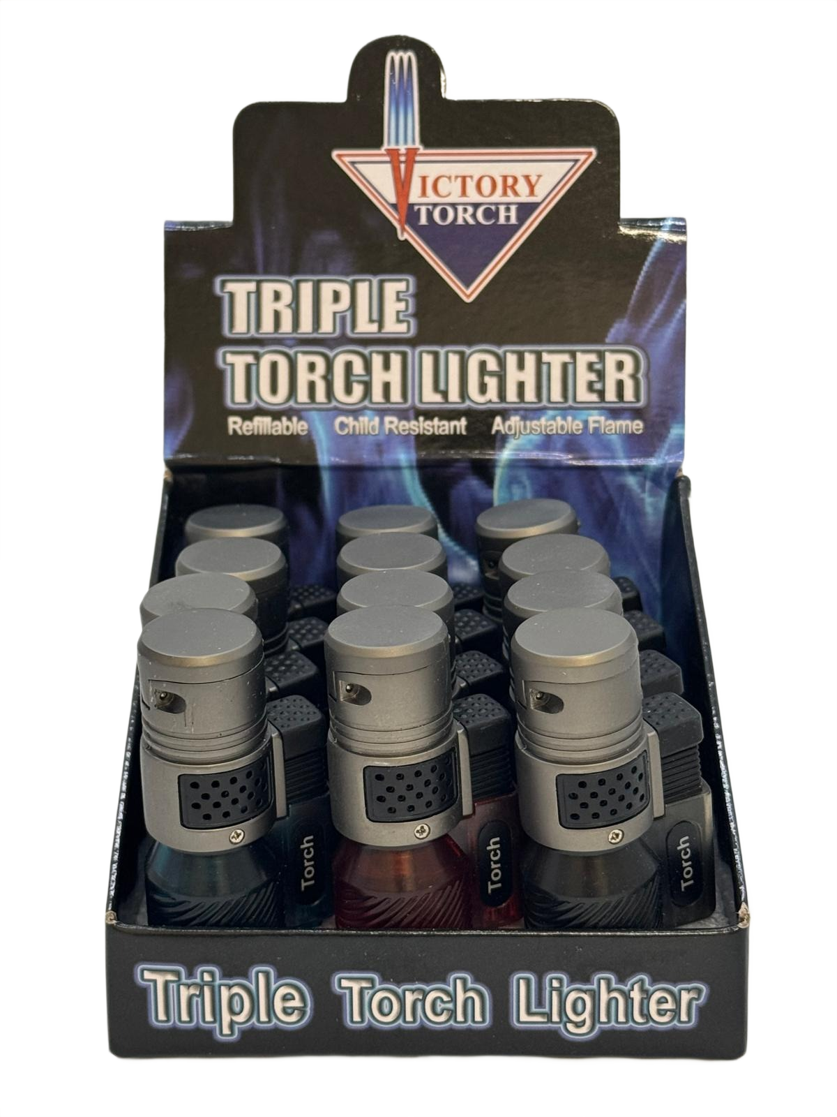 VICTORY TRIPLE FLAME MINI BOMB SHAPED TORCH - DISPLAY OF 12 (J7189-T2)