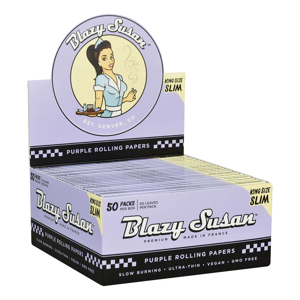 BLAZY SUSAN KING SIZE SLIM PURPLE ROLLING PAPERS - DISPLAY OF 50