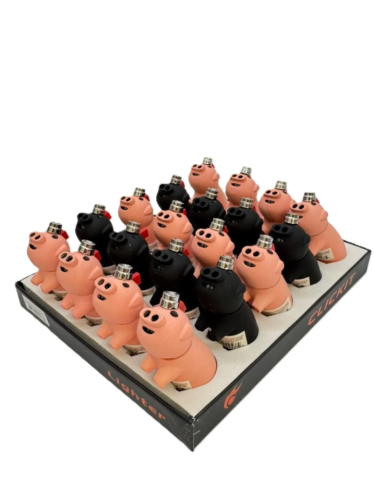 CLICKIT DOUBLE FLAME PIG LIGHTER - DISPLAY OF 20