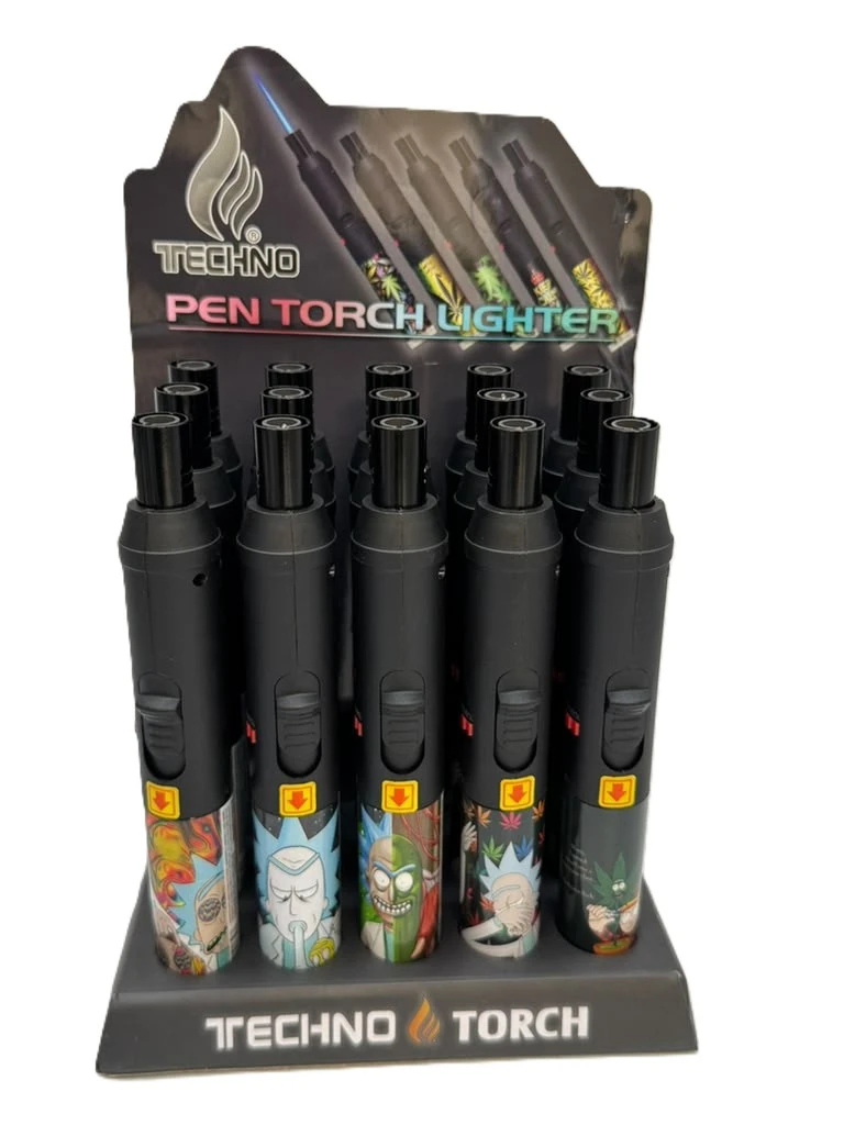 TECHNO PEN TORCH LIGHTER ASSORTED DESIGN - DISPLAY OF 15