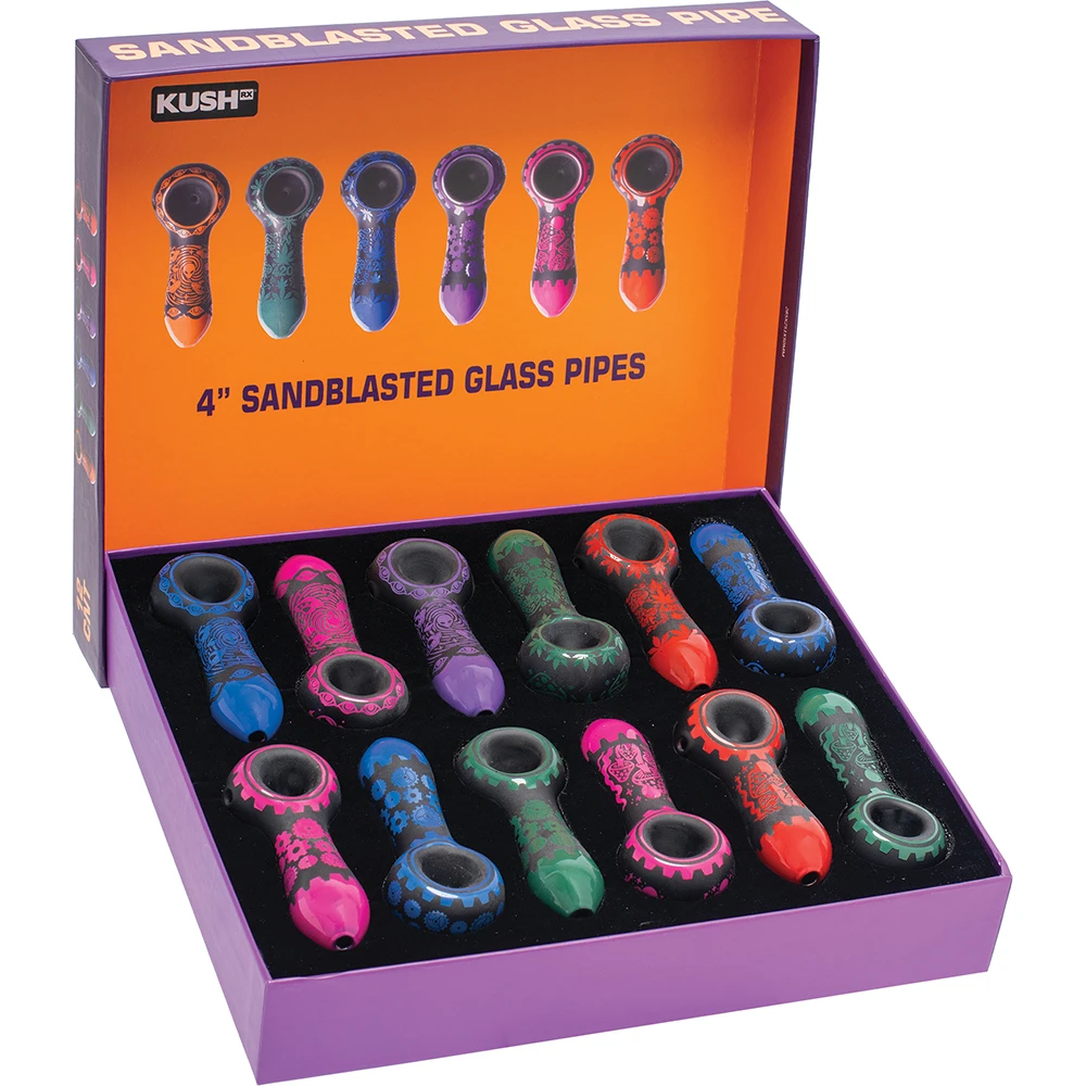 KUSHRX 4" SANDBLASTED GLASS HAND PIPES - DISPLAY OF 12
