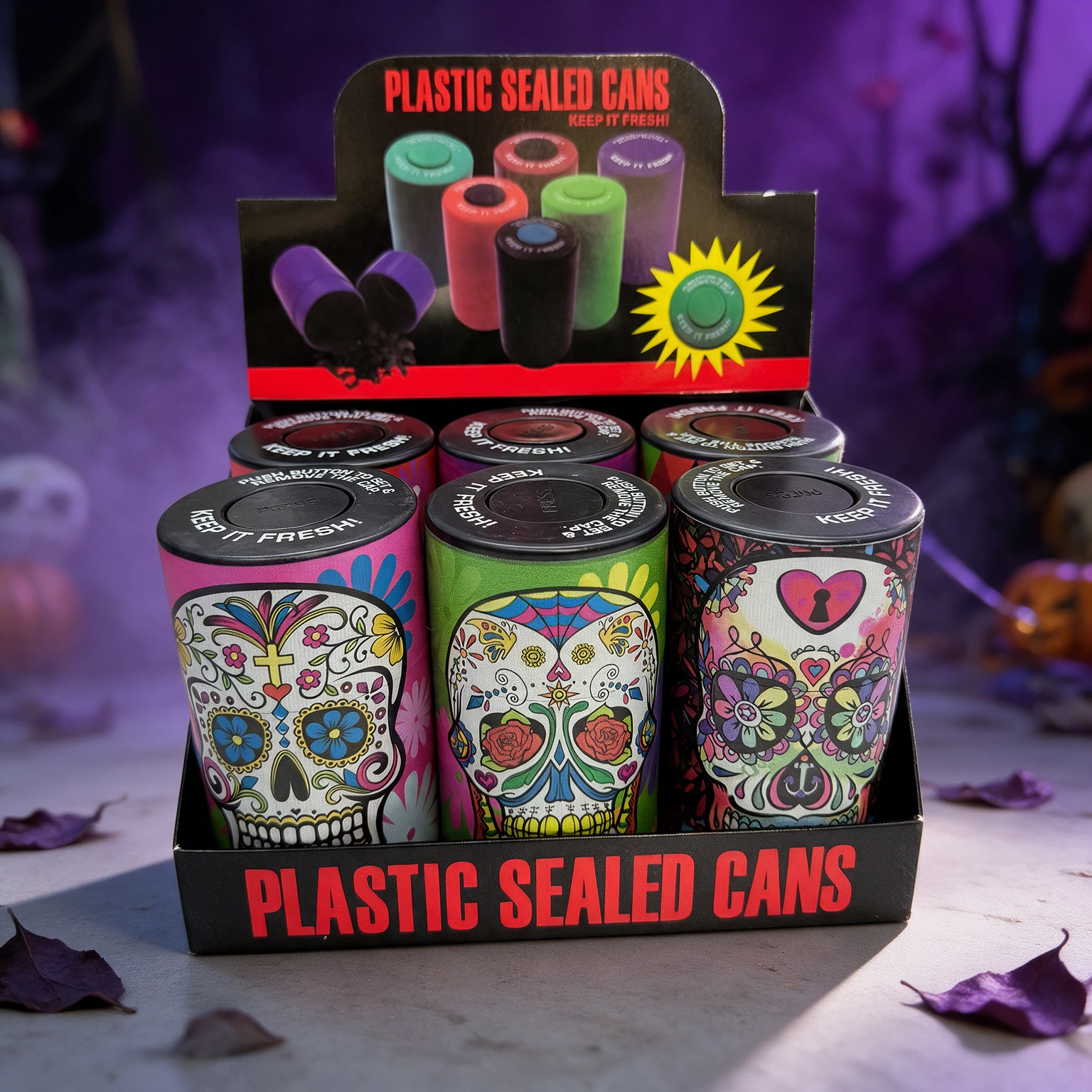 PLASTIC SEALED CANS PRINTED DESIGN - DISPLAY OF 6