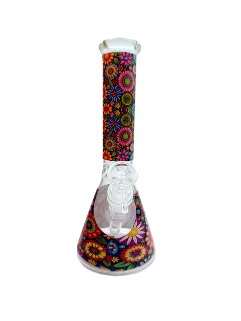 FLORAL ART GLASS BEAKER WATERPIPE 10"