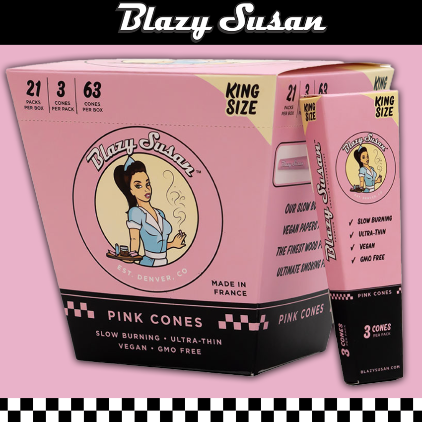 BLAZY SUSAN KING SIZE PINK CONES - 21CTExperience the ultimate convenience with Blazy Susan King Size Pink Cones. These pre-rolled cones are made from natural, slow-burning pink paper, delivering a smooth and flavorful smoke with every puff. The king-size design provides extra space for your favorite blend, ensuring a longer, more satisfying session. With 21 cones per pack, you can easily share or stock up for future use.

King-size pre-rolled cones for a larger, longer smoke

Natural, slow-burning pink paper for a clean and smooth experience

21 cones per pack for convenience and value

Easy-to-fill for quick and hassle-free rolling

The Blazy Susan King Size Pink Cones are perfect for smokers who appreciate quality, style, and ease in their smoking accessories.