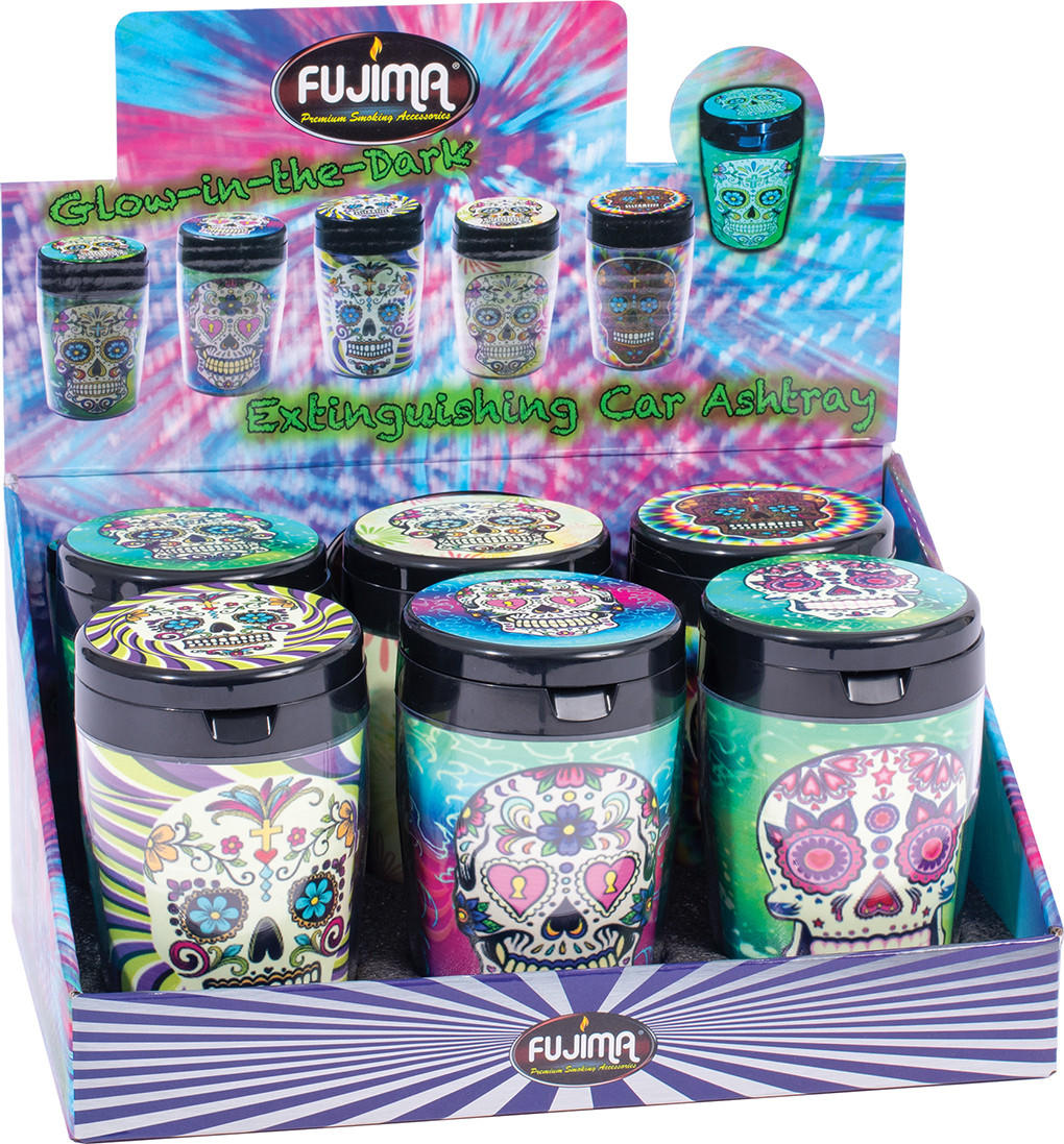  FUJIMA GLOW IN DARK EXTINGUISHING CAR ASHTRAY WITH SKULL - 6CT 