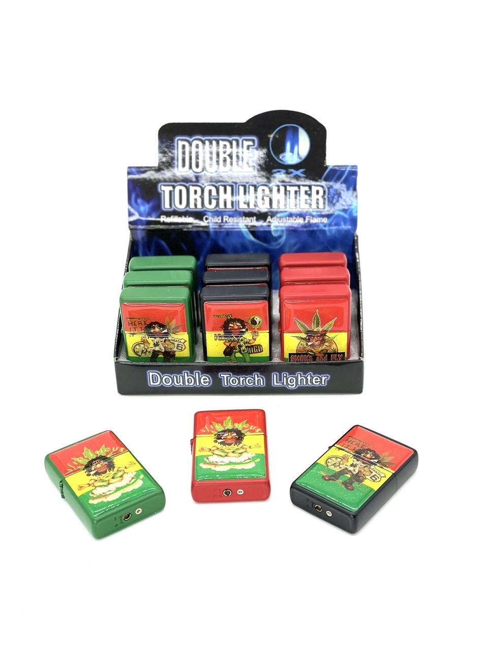  RASTA DOUBLE TORCH LIGHTER DISPLAY - 12CT 