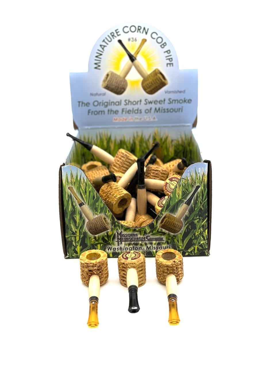  MINI WARNISHED CORN COB PIPE DISPLAY OF 36CT 