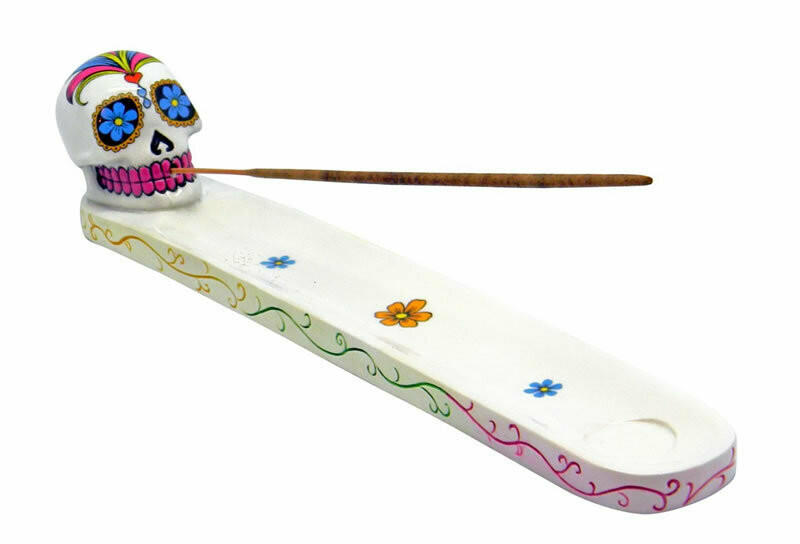  DAY OF THE DEAD/SUGAR SKULL WHITE INCENSE BURNER 