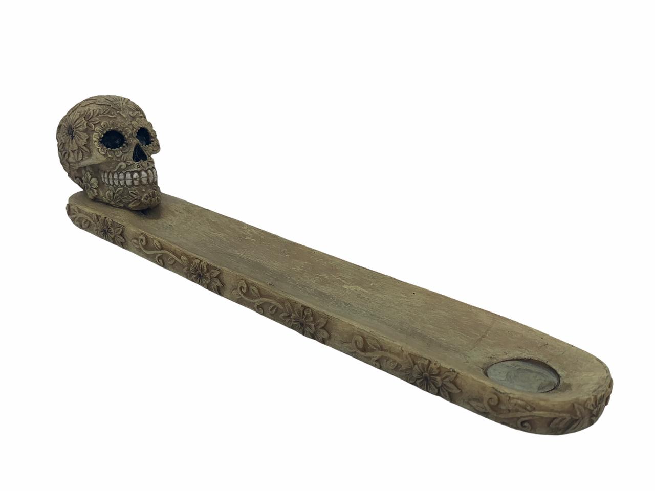  BONE POLYSTONE FLORAL SKULL BURNER 9.5" 