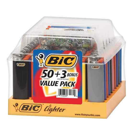  BIC REGULAR LIGHTERS + 3 DESIGNED LIGHTER DISPLAY - 50CT 