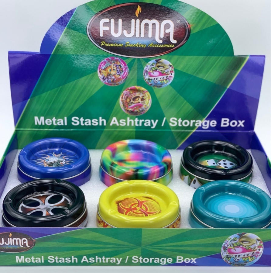  FUJIMA ASSORTED DESIGN METAL STASH ASHTRAY/STORAGE BOX - 6CT 
