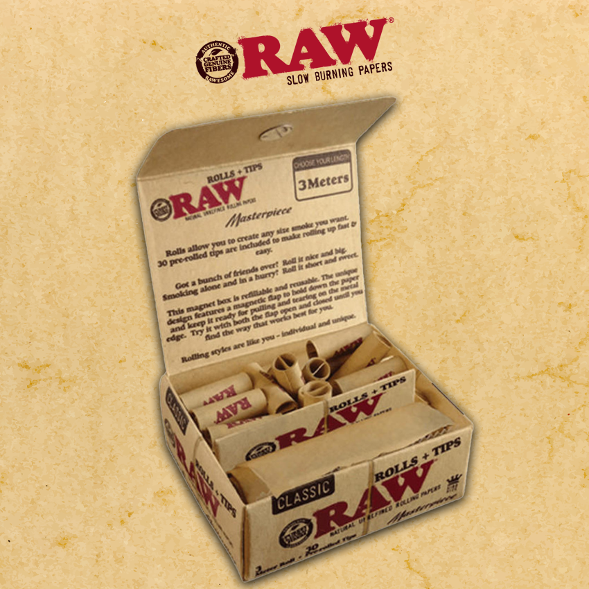 RAW CLASSIC MASTERPIECE WITH 3 METER KING ROLL and 30 TIPS - 12CT DISPLAY