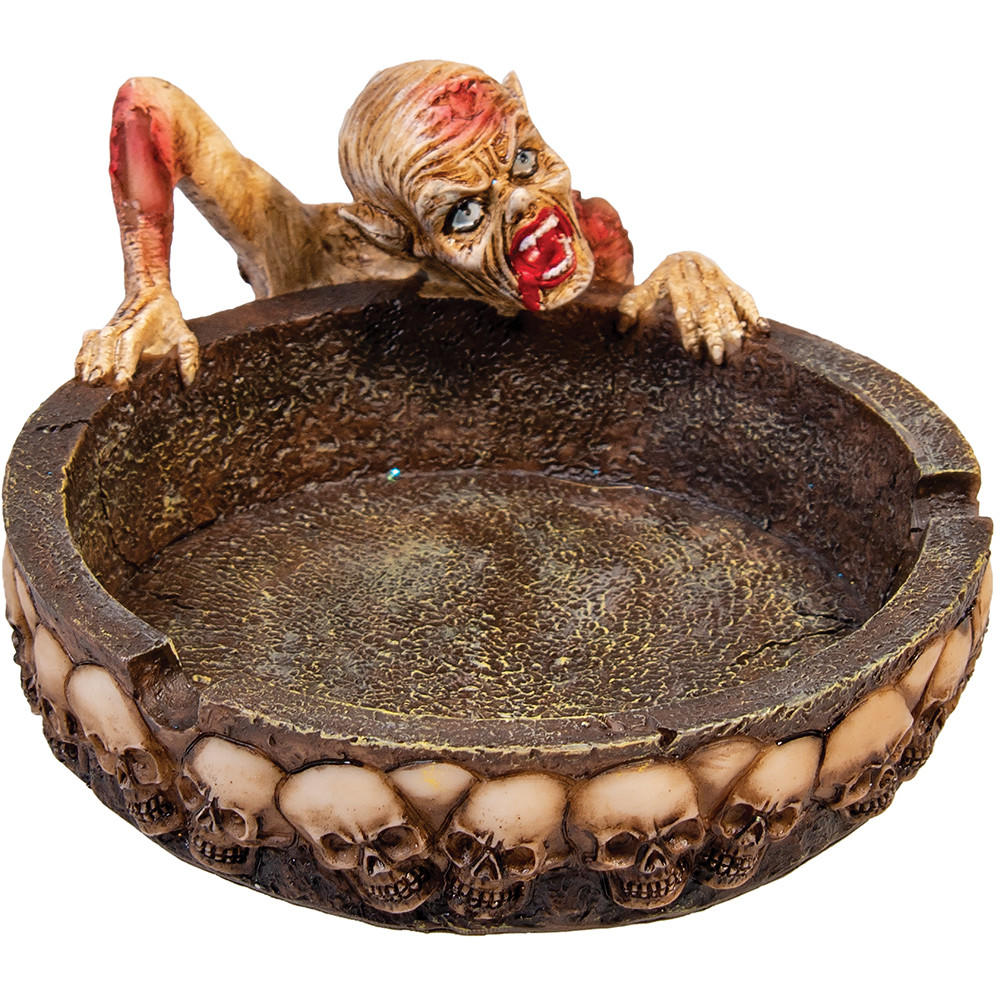 ZOMBIE and SKULLS POLYSTONE ASHTRAY - 1CT