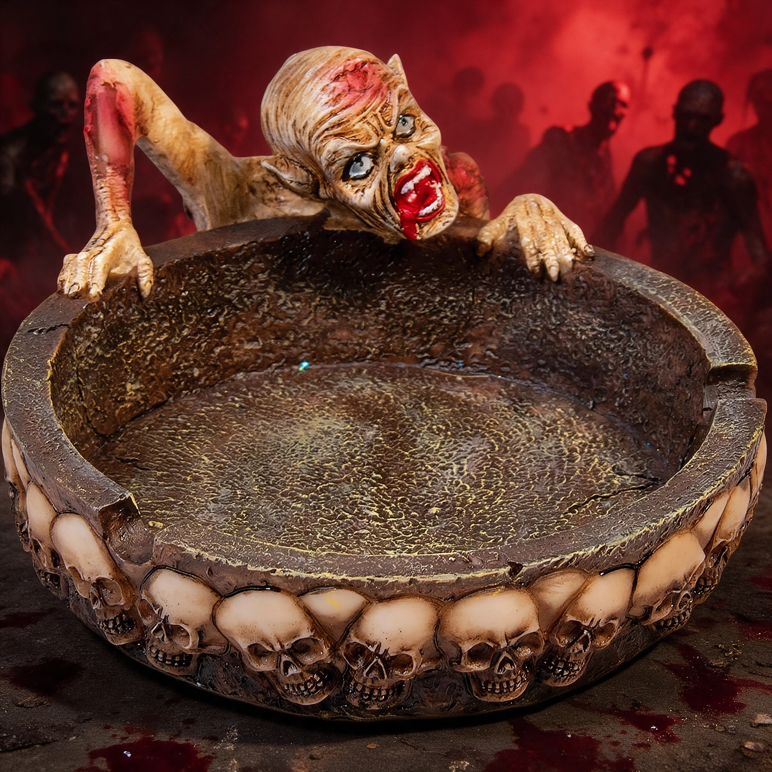 ZOMBIE & SKULLS POLYSTONE ASHTRAY - 1CT