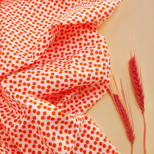 polka dots cotton, deadstock fabric, online printed cotton by the meter, orange dots fabric, sustainable polka dots muslin cotton